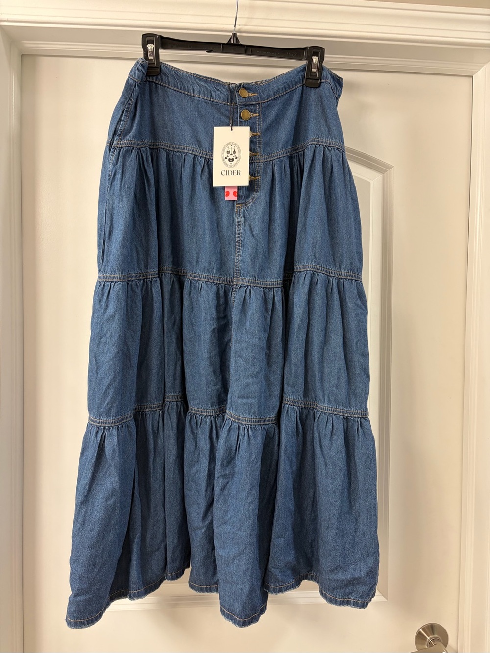 CIDER skirt sz 0XL Long Jean Denim Tiered Button down High Waisted Maxi NWT